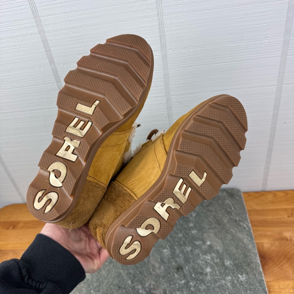 Sorel Joan of Arctic Wedge II Shearling Lined Heeled Boots Camel Lace Up Leather - Picture 8 of 9